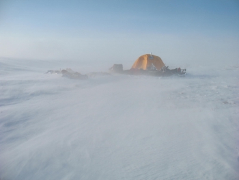 Camped in northern Alaska amidst a ground blizzard in March 2013. The team spent nearly a week hunkered down in their tent as the relentless blizzard made working conditions very difficult. Photo courtesy of Christopher Arp.