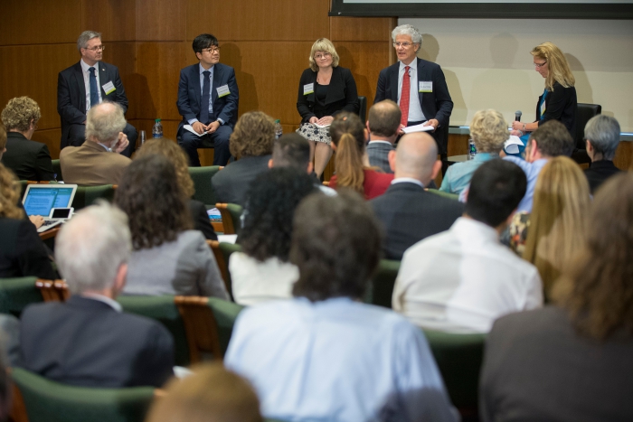 Figure 2: Panelists discuss the Arctic Science Ministerial Meeting with PRB chair, Julie Brigham-Grette. Photo by Mark Finkenstaedt, courtesy of NAS.