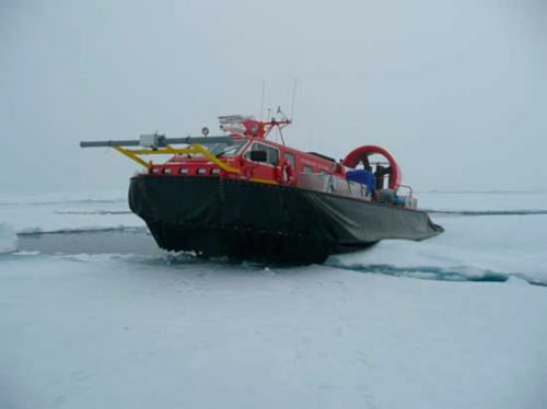 A photo of the hovercraft with the thickness sensor in the front.