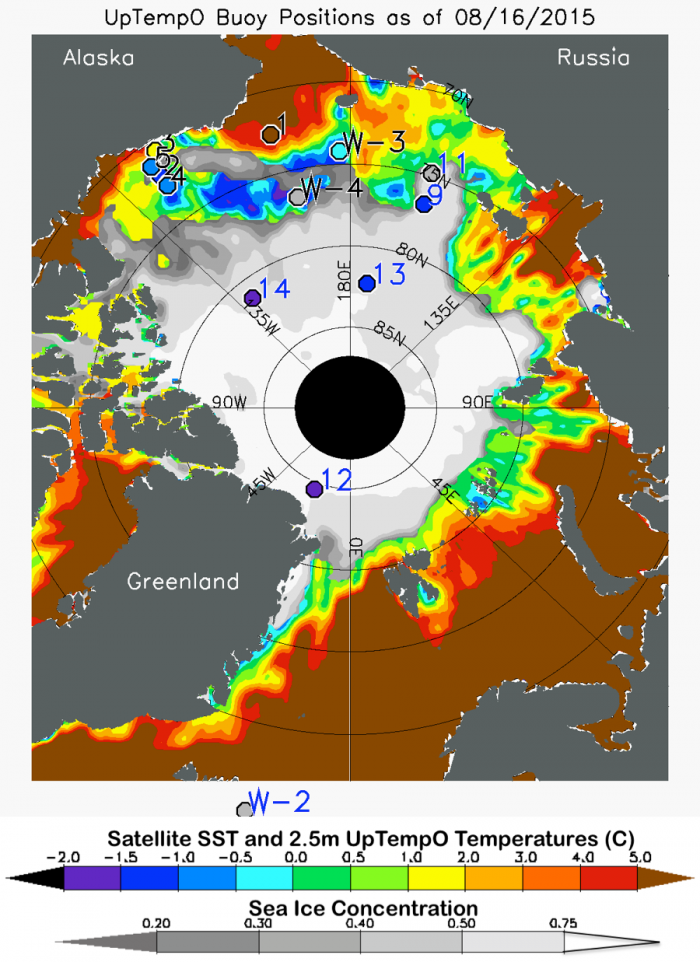 Figure 7. Sea surface temperatures on 16 August 2015 from NOAA satellite SST fields and (in circles) UpTempO buoys.