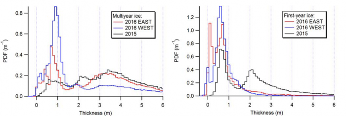 Figure 6: Ice thickness histograms of the multiyear ice (MYI) (left) and first-year ice (FYI) regimes (right) in the Beaufort Sea for the individual, eastern, and western surveys in 2016, and combined histograms for both flights in 2015. Figure courtesy C. Haas, York University.