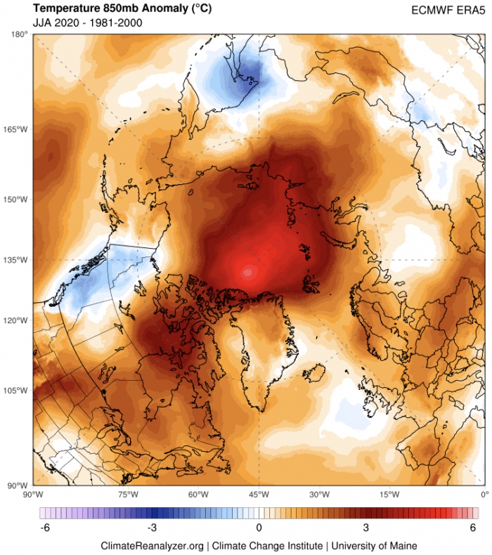 Figure 8. ERA5 850 hPa air temperature anomalies for June-August 2020. Climatological period of 1981-2000 used in anomaly calculation. ERA5 data and image from Climate Reanalyzer, Climate Change Institute, University of Maine, USA.