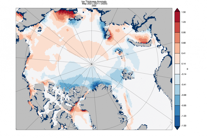 Figure 8. PIOMAS Ice Thickness Anomaly for April 2021 relative to 2011–2020.