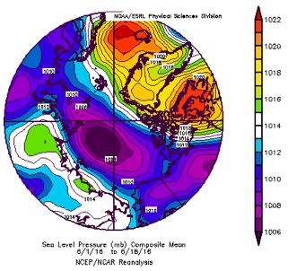 Figure 11. Mean sea level pressure from June 1 to June 18. From NCEP/NCAR Reanalysis.