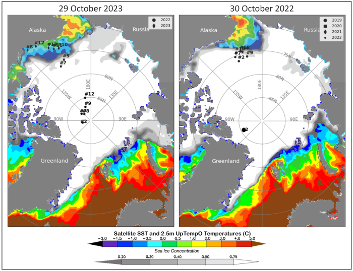 Figure 8. Same as Figure 7, but for (left) 29 October 2023, and (right) 30 October 2022. 