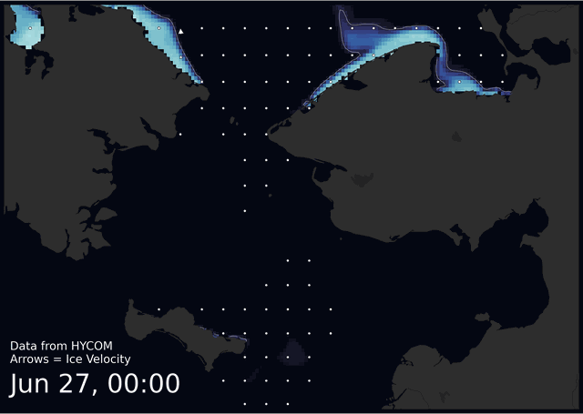 Visit the SIWO Facebook page @seaiceforwalrus to view this animation showing the predicted movement of ice predicted by the HYbrid Coordinate Ocean Model (HYCOM).